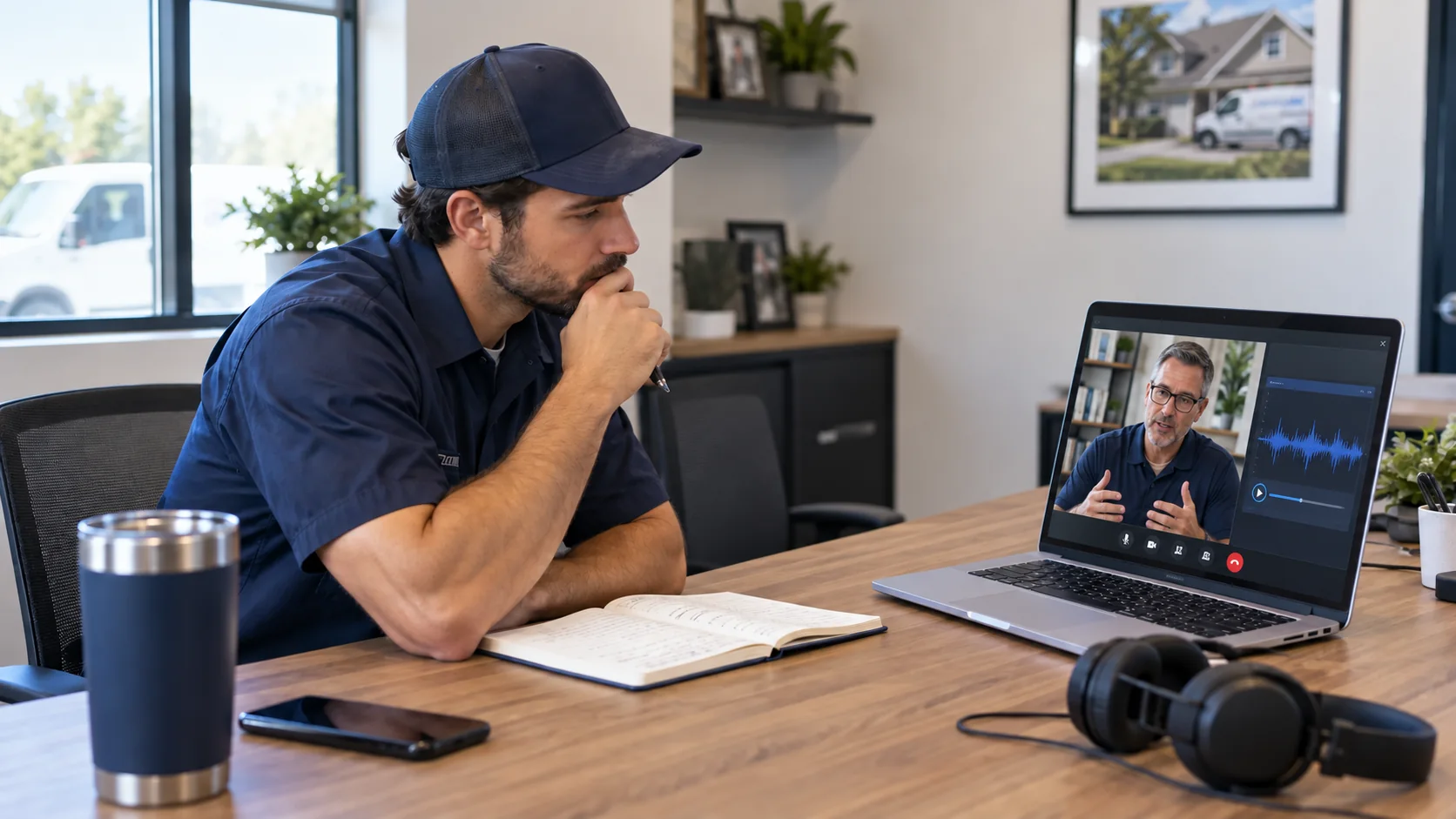 A technician reviewing a recorded service call with his coach by video meeting