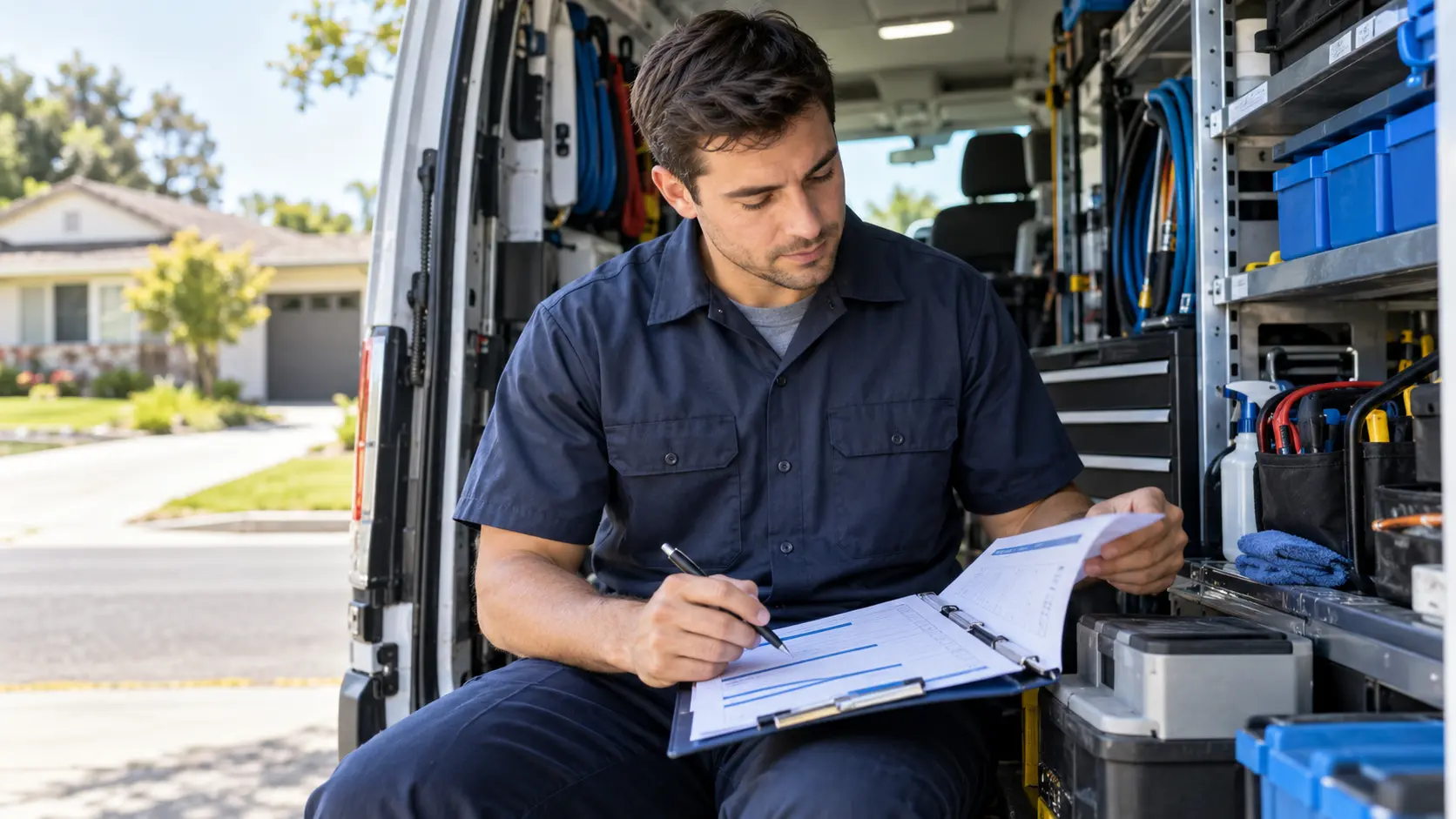 A home-service technician preparing with the TRUSTED service-call process