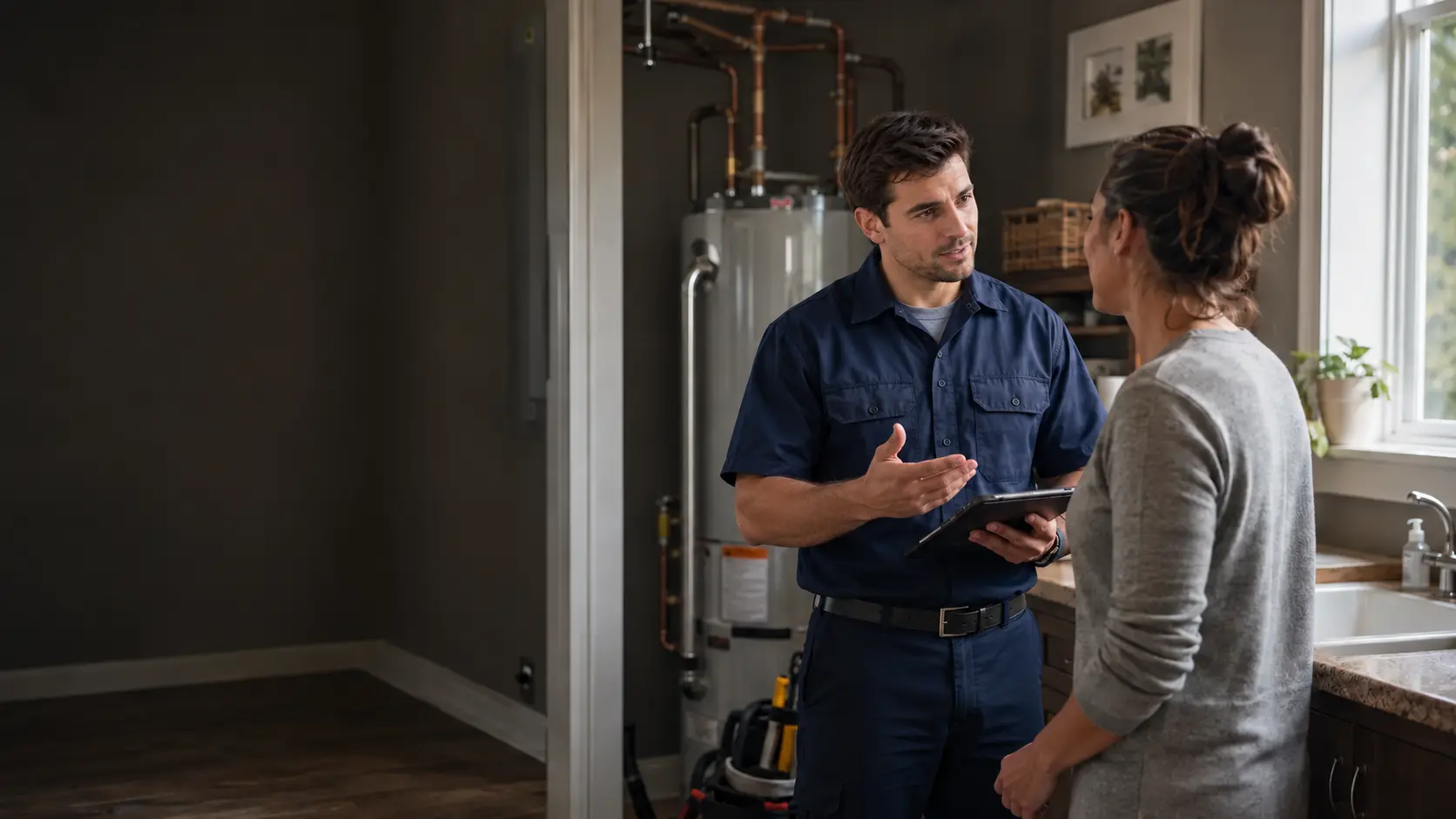 A professional home-service technician listening to a homeowner before beginning work