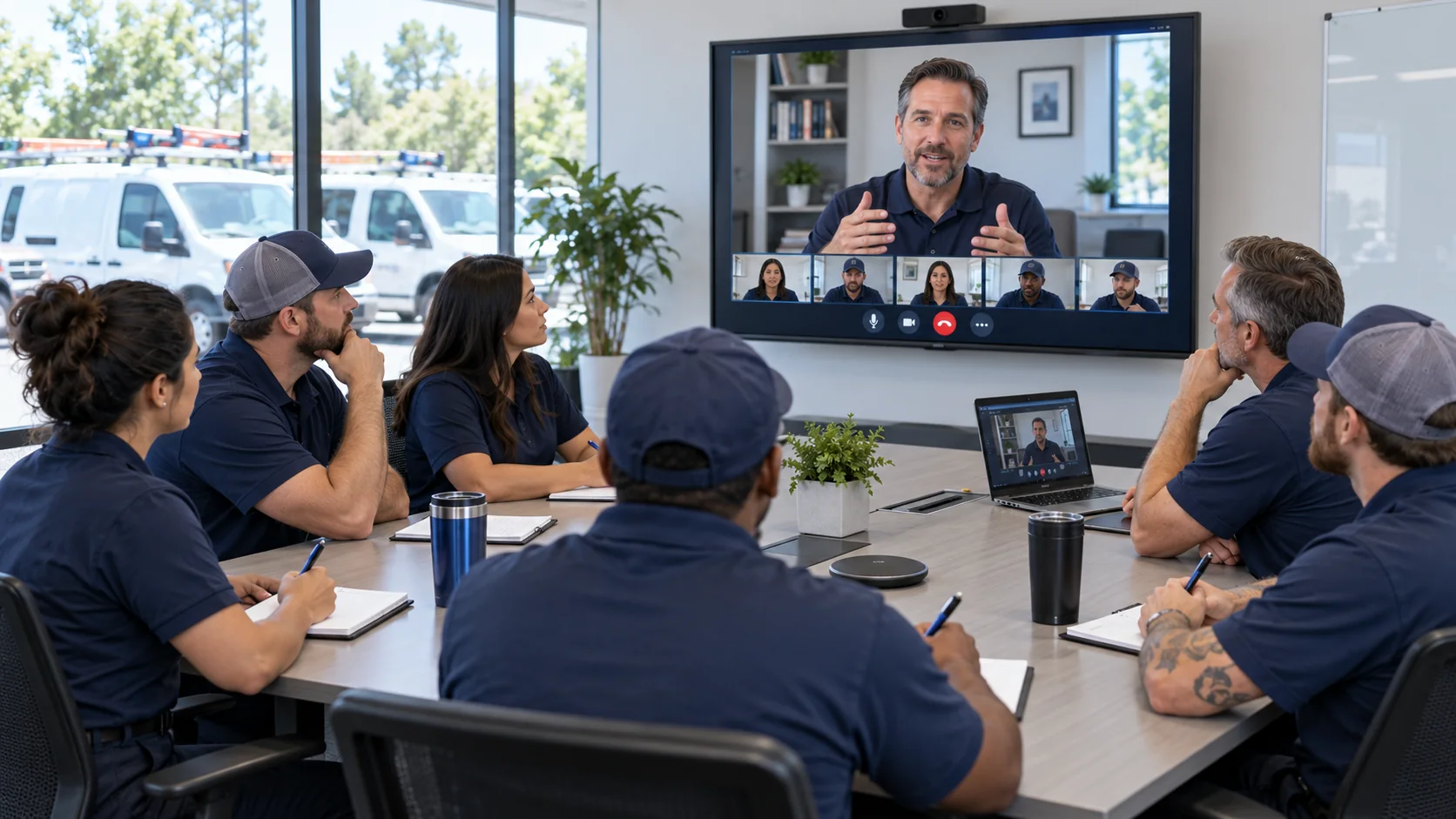 A home-service technician team meeting with its coach during a monthly virtual check-in