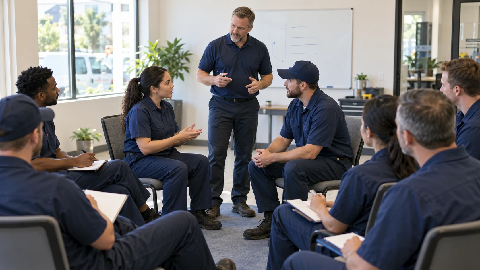 Home-service technicians building a shared service standard in an onsite workshop