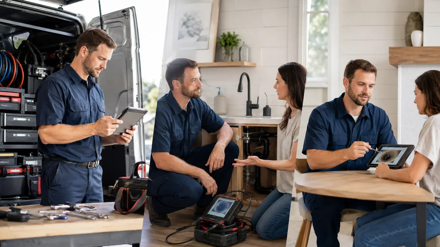 A technician preparing, listening to a homeowner, and explaining service findings