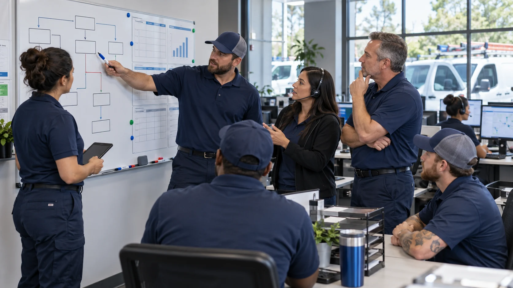 Technicians, dispatch, and leadership aligning field behaviors with company KPIs